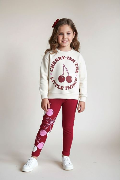 Miniğimin Cicileri Kiraz Baskılı Kız Çocuk 2 li Taytlı Takım - Bordo