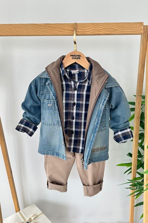 Miniğimin Cicileri Kot Ceketli Yelekli Distr baskılı Erkek Çocuk 4Lü Takım - Kahverengi