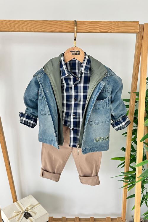 Miniğimin Cicileri Kot Ceketli Yelekli Distr baskılı Erkek Çocuk 4Lü Takım - Yeşil