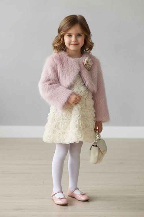 Miniğimin Cicileri Gül Detaylı Elbise ve  Kürk  Bolerolu Takım - Pembe