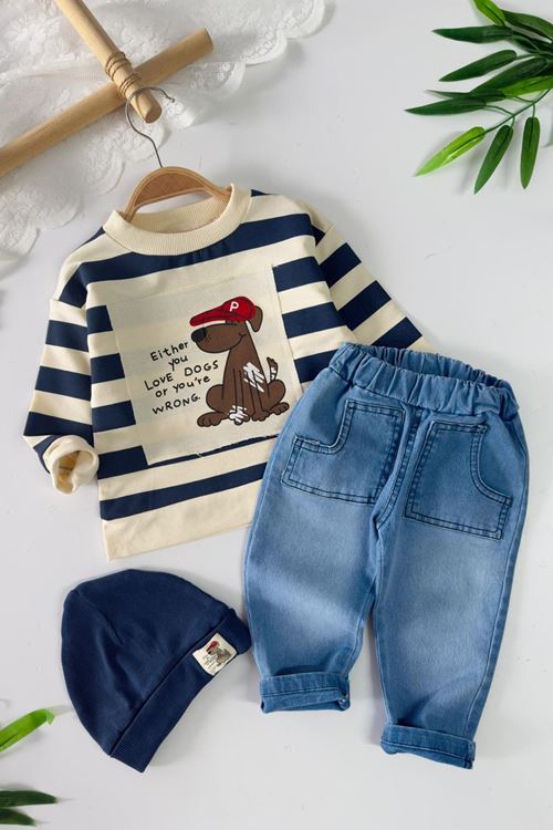 Miniğimin Cicileri Çizgili Köpek Baskılı Sweatshirtlü Kot Pantolonlu Erkek Bebek 3 lü Takım - Lacivert