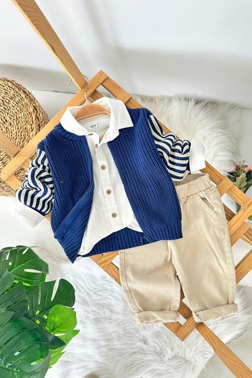 Miniğimin Cicileri Örgü Hırkalı Erkek Bebek 3 lü Pamuk Takım - Lacivert