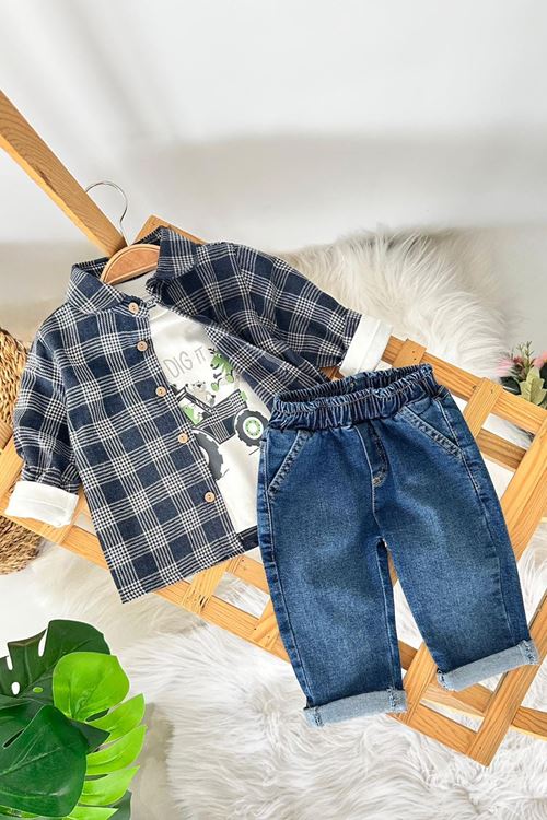 Miniğimin Cicileri Traktör Baskılı Oduncu Gömlekli Spor 3 lü Takım - Lacivert