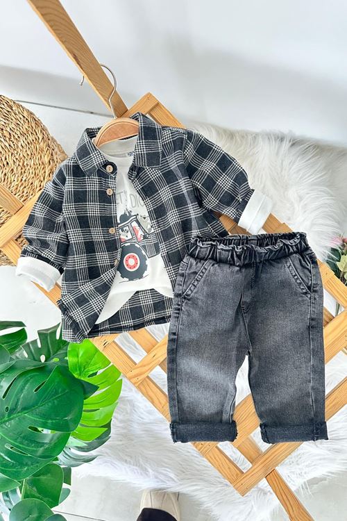 Miniğimin Cicileri Traktör Baskılı Oduncu Gömlekli Spor 3 lü Takım - Füme