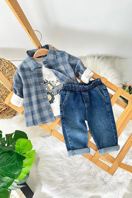 Miniğimin Cicileri Traktör Baskılı Oduncu Gömlekli Spor 3 lü Takım - indigo