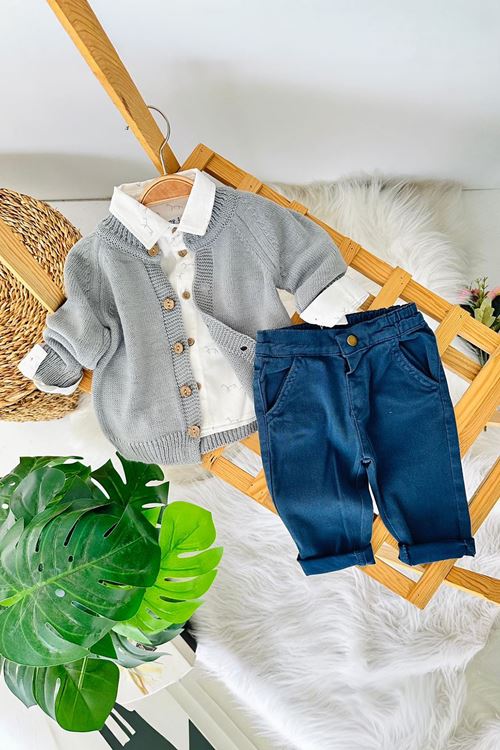 Miniğimin Cicileri Şık Triko Hırkalı Desenli Gömlek Pantolon Erkek Bebek 3’lü Takım - Gri