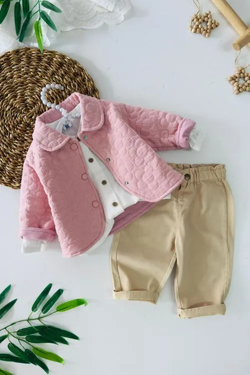 Miniğimin Cicileri Kapitone Ceketli Gömlek ve Pantolon 3 lü Kız Takımı - Pudra