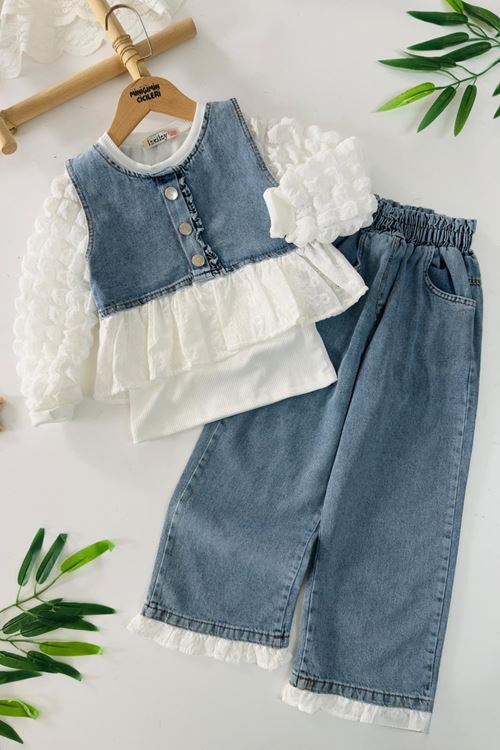 Miniğimin Cicileri Fisto Detaylı Kot Kız Çocuk 3 lü Takım - Açık Mavi