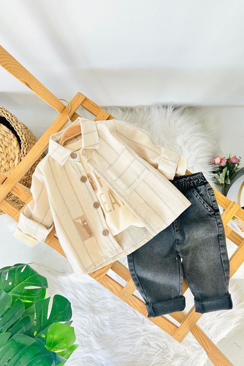 Miniğimin Cicileri Ayıcıl Baskılı Çizgili Gömlekli  Erkek Bebek  3’lü Takım - Bej