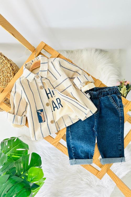 Miniğimin Cicileri Ayıcıl Baskılı Çizgili Gömlekli  Erkek Bebek  3’lü Takım - indigo