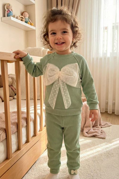 Miniğimin Cicileri Tül Fiyonk Desenli Kız Bebek Takım - Yeşil