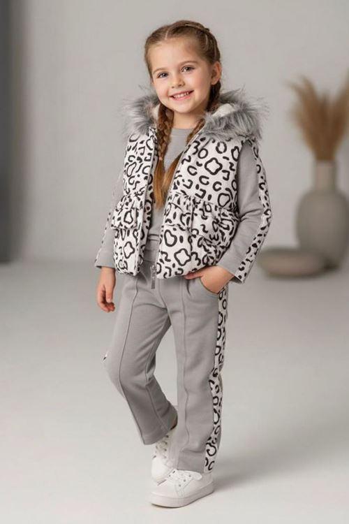 Miniğimin Cicileri Kürklü Leopar Yelekli  Kız Çocuk 3 lü Takım - Gri
