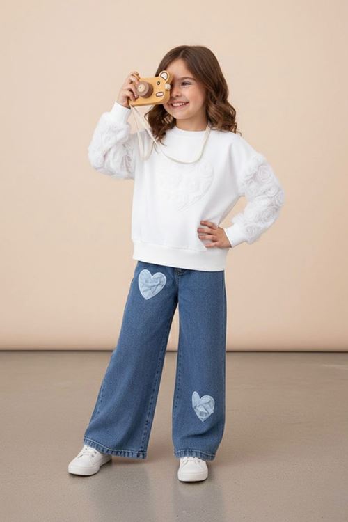 Miniğimin Cicileri Kalp Tül  Detaylı Kız Çocuk Kotlu Takım - Beyaz