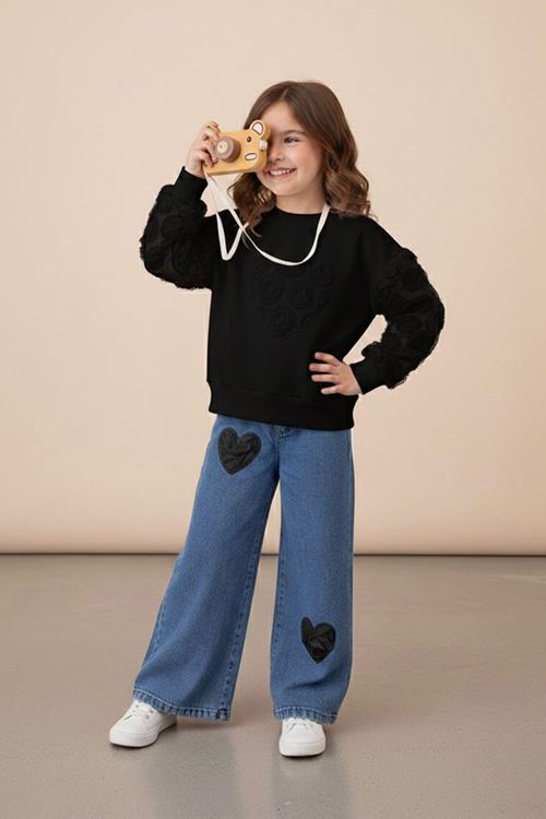 Miniğimin Cicileri Kalp Tül  Detaylı Kız Çocuk Kotlu Takım - Siyah