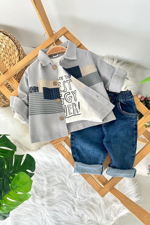 Miniğimin Cicileri Renk Bloklu Gömlekli Bebek Çocuk Kot Takım - Gri