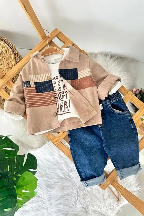 Miniğimin Cicileri Renk Bloklu Gömlekli Bebek Çocuk Kot Takım - Kahve
