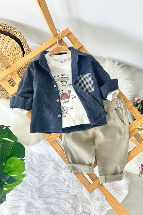 Miniğimin Cicileri Dino Desenli Kare Cep Detaylı Gömlekli Erkek Bebek 3’lü Takım - Lacivert