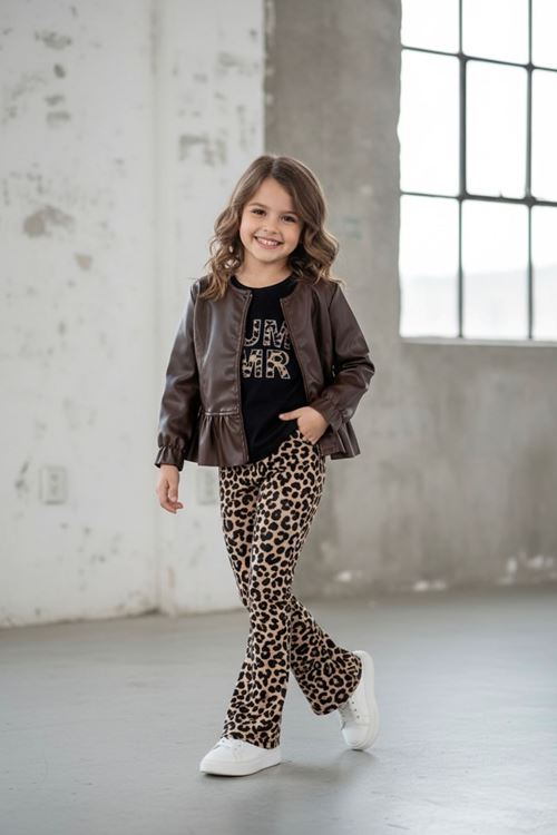 Miniğimin Cicileri Deri Ceketli Summer Leopar Pantolon 3 lü Kız Çocuk Takım - Kahve