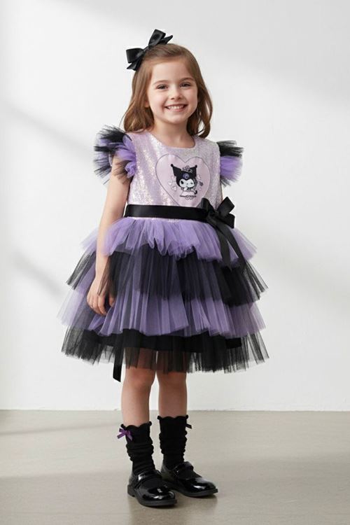 Miniğimin Cicileri Krm Pul İşleme Detaylı Kız Çocuk Elbise - Lila