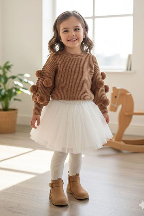 Miniğimin Cicileri Pon Pon Detaylı Triko Kız Çocuk Kazak - Kahverengi