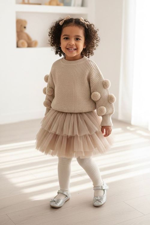 Miniğimin Cicileri Pon Pon Detaylı Triko Kız Çocuk Kazak - Bej