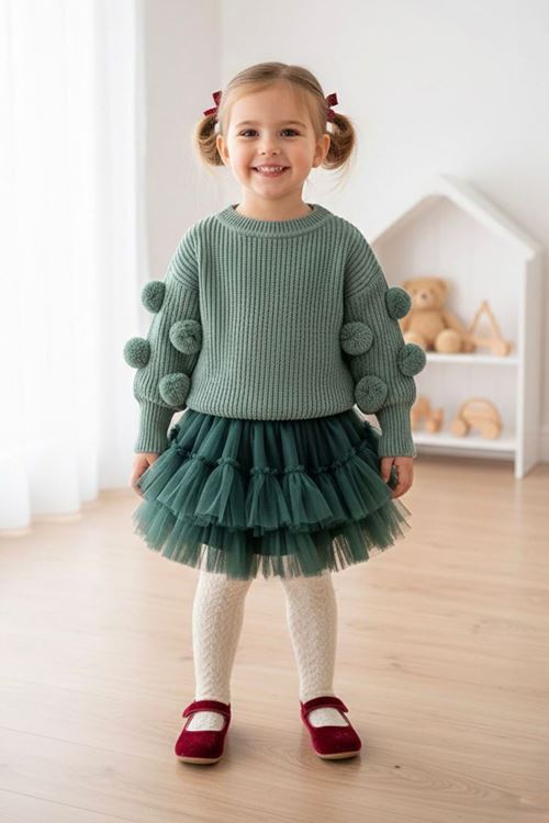 Miniğimin Cicileri Pon Pon Detaylı Triko Kız Çocuk Kazak - Yeşil