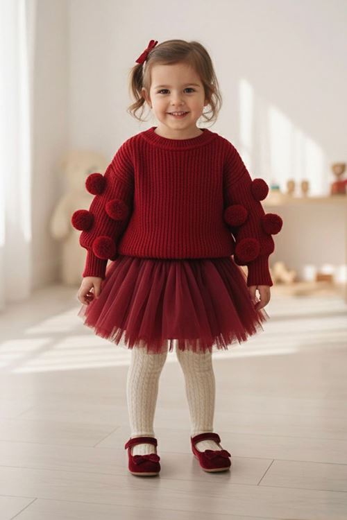 Miniğimin Cicileri Pon Pon Detaylı Triko Kız Çocuk Kazak - Kırmızı