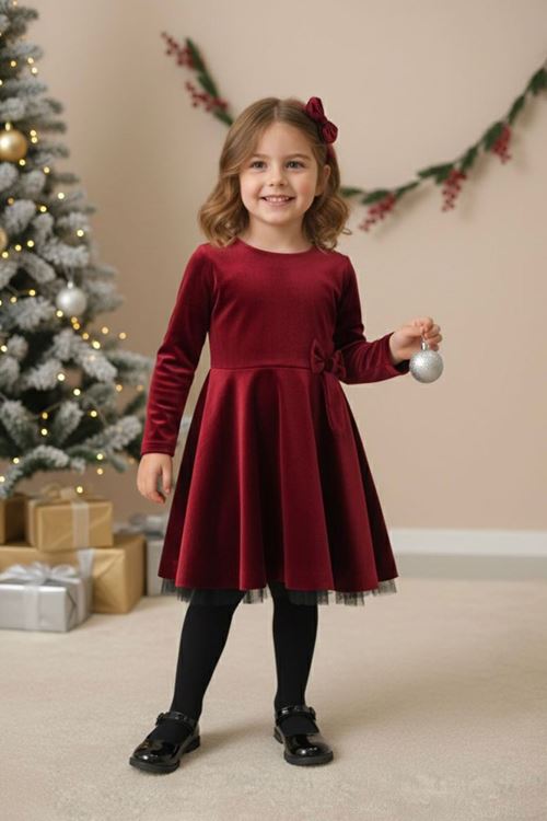 Miniğimin Cicileri Kadife Tül Detaylı Kız Çocuk Elbise - Kırmızı