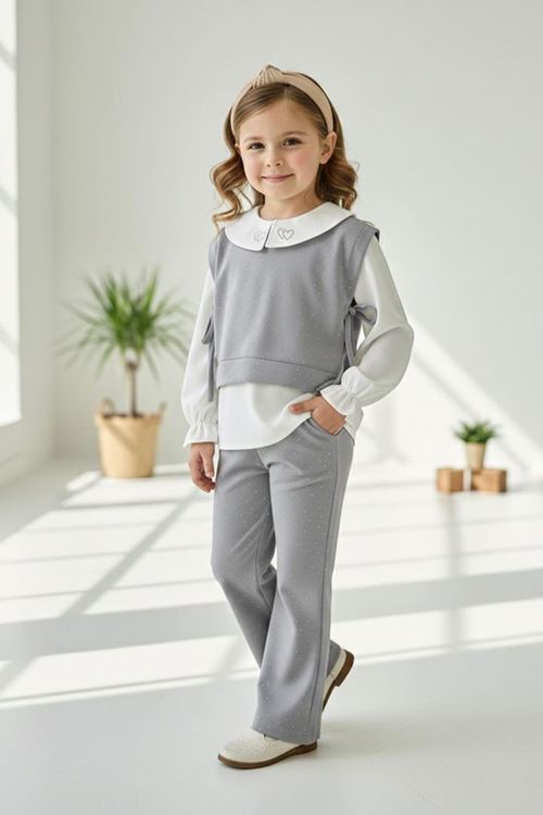 Miniğimin Cicileri Kalp Desenli Taşlı 3 lü Kız Çocuk Takım - Gri