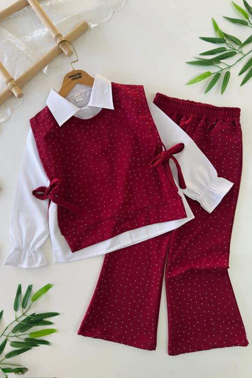 Miniğimin Cicileri Gömlekli Taş Detaylı Kız Çocuk 3 lü Takım - Bordo