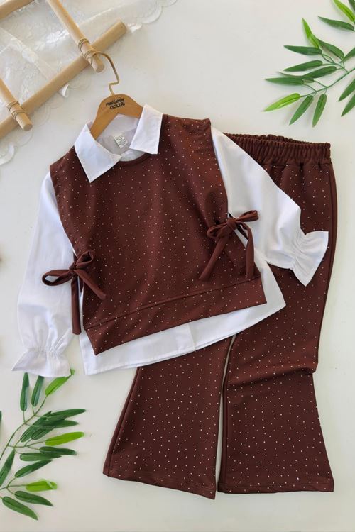 Miniğimin Cicileri Gömlekli Taş Detaylı Kız Çocuk 3 lü Takım - Kahverengi