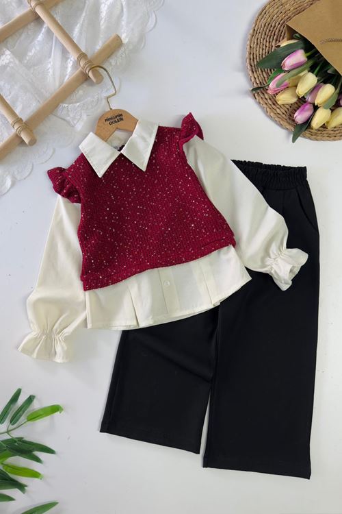 Miniğimin Cicileri Pullu Triko Detaylı Kız Çocuk 2 li Takım - Bordo