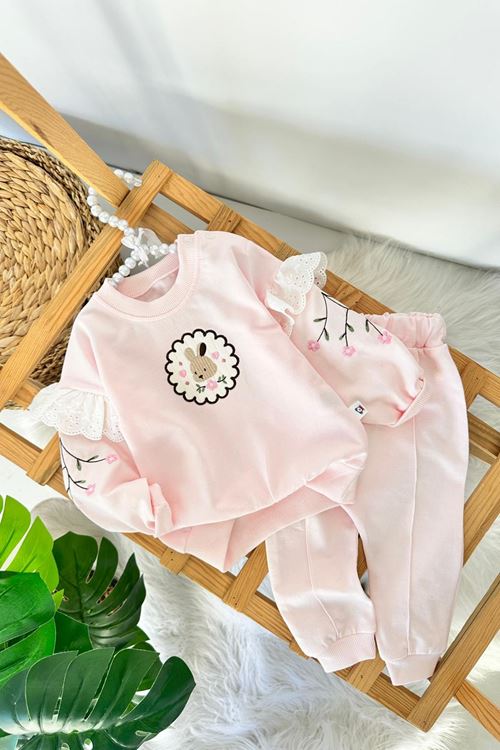 Miniğimin Cicileri Sevimli Tavşan Nakışlı Kız Bebek Sweatshirt Pantolon Takım - Pembe