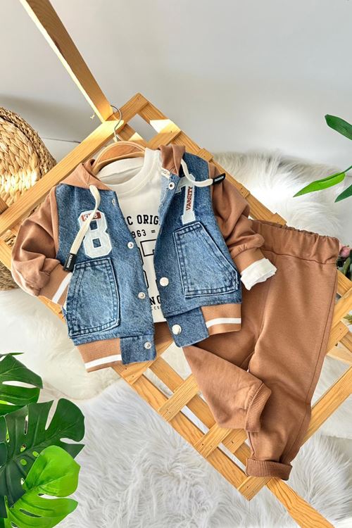 Miniğimin Cicileri 87 Armalı Kot Detaylı Kapüşonlu Erkek Bebek Takım - Kahverengi