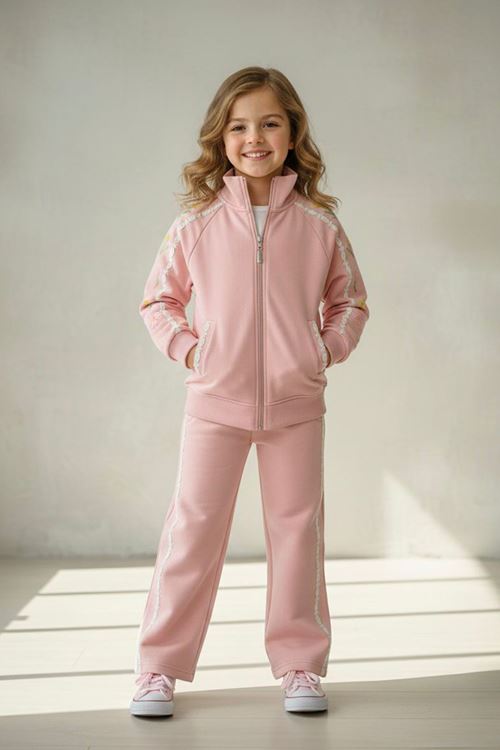 Miniğimin Cicileri Nakış Detaylı Fermuarlı Kız Çocuk Eşofman Takımı - Pembe