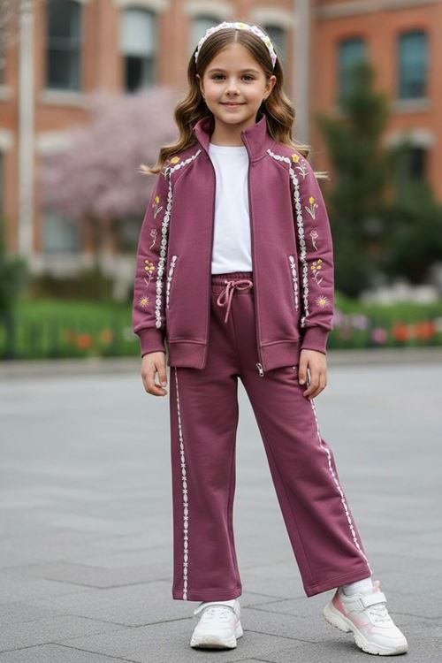 Miniğimin Cicileri Nakış Detaylı Fermuarlı Kız Çocuk Eşofman Takımı - Mürdüm