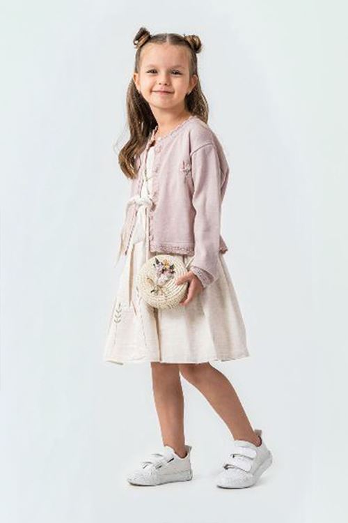 Miniğimin Cicileri Papatya İşleme Detaylı Elbise Hırka ve Çanta Kız Çocuk Kombin - Pudra