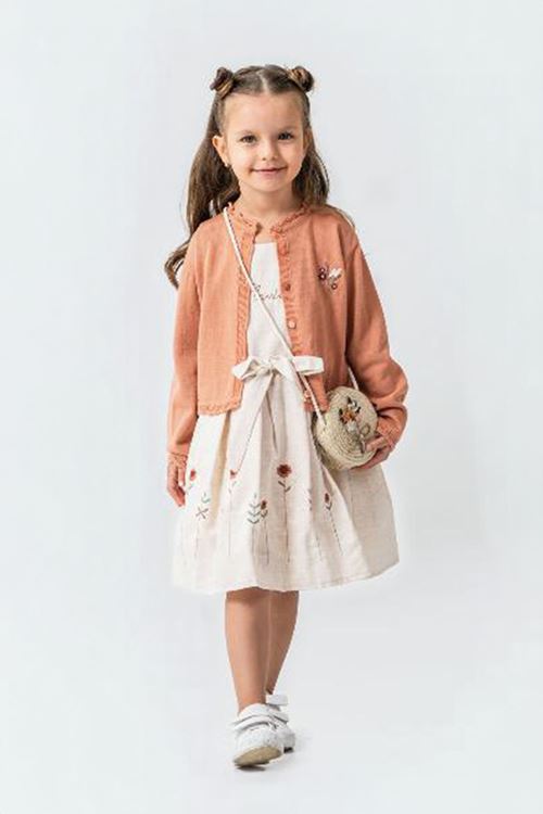 Miniğimin Cicileri Papatya İşleme Detaylı Elbise Hırka ve Çanta Kız Çocuk Kombin - Turuncu