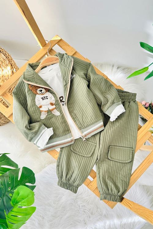 Miniğimin Cicileri Bear Panç İşleme Detaylı Erkek Bebek 3 lü Spor Takım - Yeşil