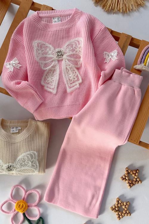 Miniğimin Cicileri Fiyonk Detaylı Triko Kız Çocuk Takım - Pembe