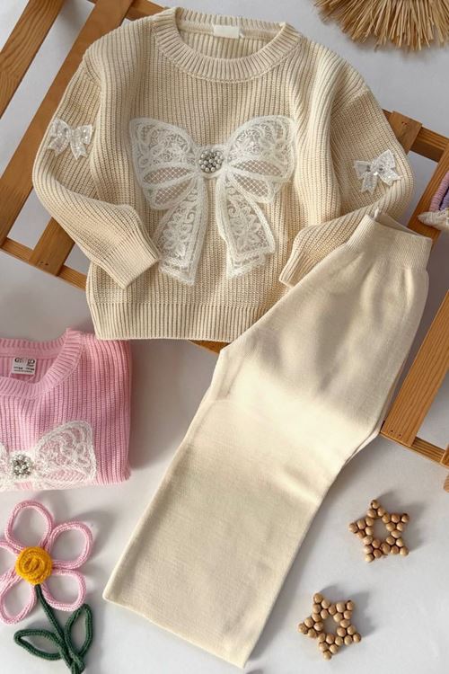 Miniğimin Cicileri Fiyonk Detaylı Triko Kız Çocuk Takım - Krem