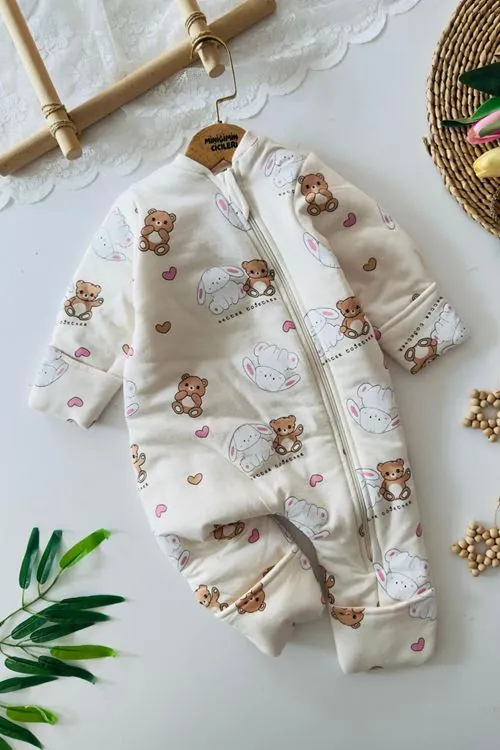 Miniğimin Cicileri Ayıcık Desenli Kız Bebek Uyku Tulumu - Krem