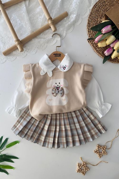 Miniğimin Cicileri Sevimli Tavşan Desenli Ekose Etekli Triko Kız Çocuk 3 lü Takım - Bej