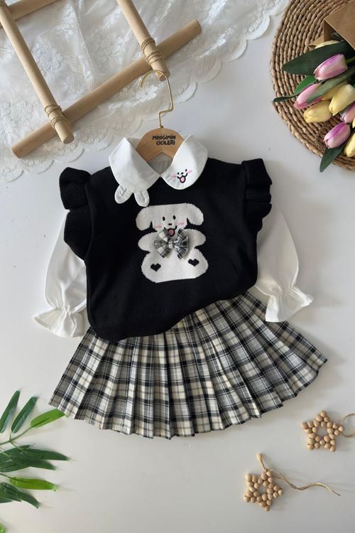 Miniğimin Cicileri Sevimli Tavşan Desenli Ekose Etekli Triko Kız Çocuk 3 lü Takım - Siyah