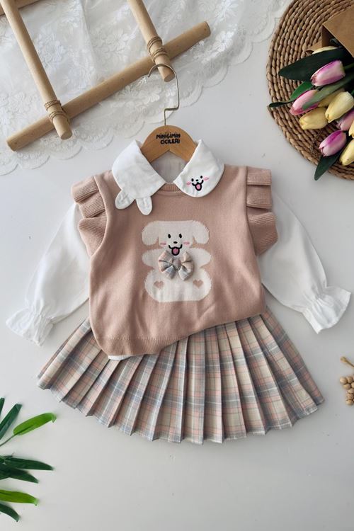 Miniğimin Cicileri Sevimli Tavşan Desenli Ekose Etekli Triko Kız Çocuk 3 lü Takım - Pudra