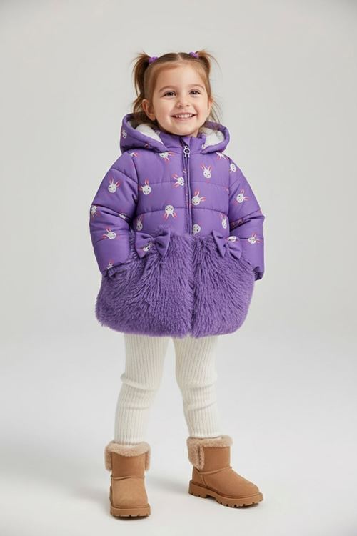 Miniğimin Cicileri ( 9-24 Ay / 2-5 Yaş) Tavşan Kulak Baskı İçi Welsoft Kaban Kız Bebek - Lila