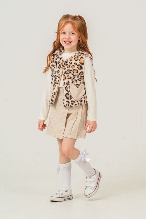 Miniğimin Cicileri Leopar Kürklü Kalp Detaylı Kız Çocuk 2 lü Takım - Krem