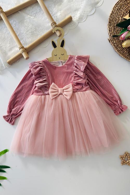 Miniğimin Cicileri Fırfır Detaylı Fiyonklu Kadife Üstlü Tül Etek Kız Çocuk Elbise - Pudra