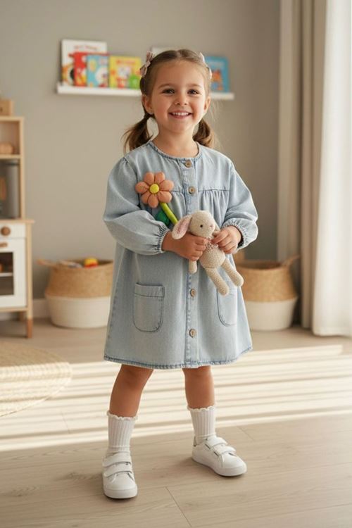 Miniğimin Cicileri Çiçek Aplikeli Düğmeli Cepli Kot Kız Çocuk Elbise - Buz Mavisi