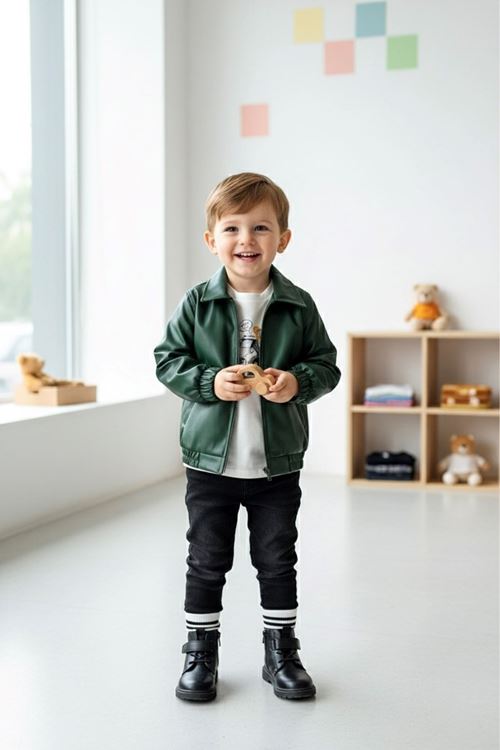 Miniğimin Cicileri Astarlı Yumuşak Deri Trençkotlu Erkek  Çocuk 3 lü Takım - Yeşil